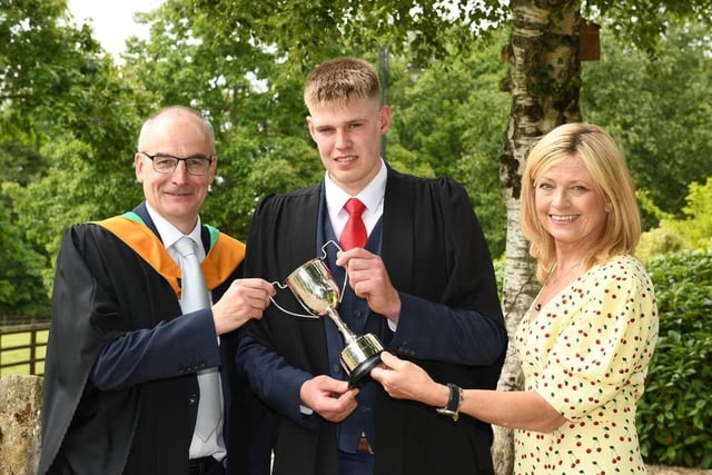 Martin McKendry, (CAFRE Director) and Councillor Diana Armstrong (nee West) congratulate Stuart Johnston (Newtownbutler) on being awarded with both the Fermanagh Cup and West Prize awarded for endeavour. Stuart completed a part-time Level 3 Agriculture course through studying at CAFRE Enniskillen Campus.