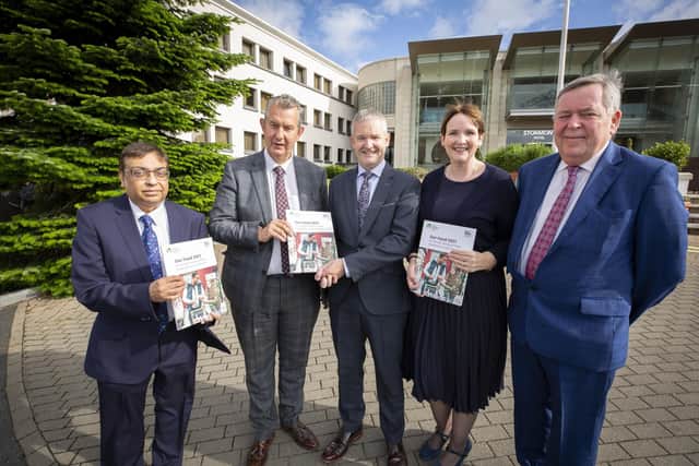 Pictured (L-R) is Dr Naresh Chada, Deputy Chief Medical Officer, Minister Poots, Andy Cole, Deputy Director FSA NI, FSA NI Director Maria Jennings, Colm McKenna, Chair of FSA Northern Ireland Food Advisory Committee