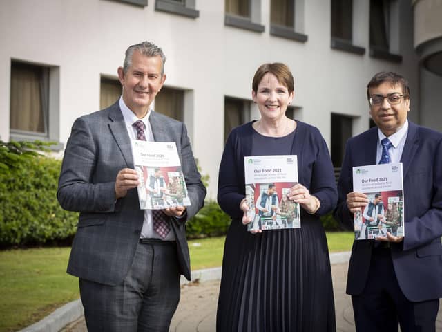 Pictured (L-R) is Minister Poots, FSA NI Director Maria Jennings and Dr Naresh Chada, Deputy Chief Medical Officer at Department of Health.