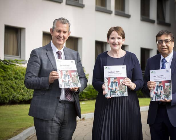 Pictured (L-R) is Minister Poots, FSA NI Director Maria Jennings and Dr Naresh Chada, Deputy Chief Medical Officer at Department of Health.