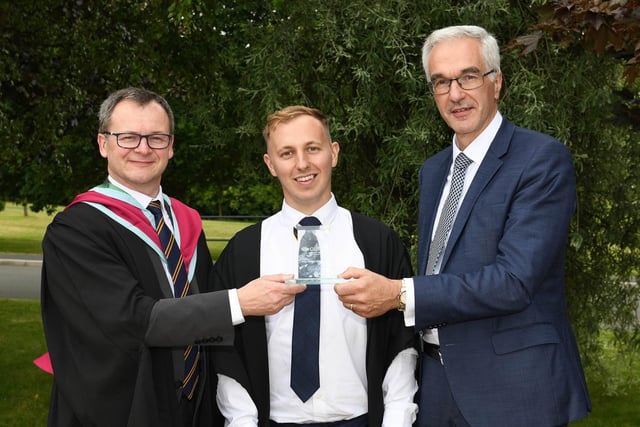 Andrew Taylor (Newtownards) was presented with the Department of Agriculture, Environment and Rural Affairs Prize for the most notable Apprenticeship student. Congratulating Andrew are Shane McKinney (Head of Food Technology Education, CAFRE) and Norman Fulton (Deputy Secretary, DAERA) at the Loughry Campus Graduation Ceremony.