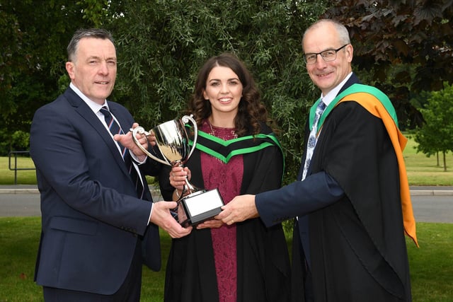 Melissa Wilson (Markethill) was presented with the ABP Food Group UK Award for achieving the highest marks in the Environmental and Quality Management module for her BSc (Hons) Degree in Food Design and Nutrition course, from which she graduated with a First Class Honours Degree. Melissa received her award from George Mullan, Managing Director, ABP Food Group who was Guest Speaker at the Ceremony and Martin McKendry (Director, CAFRE).