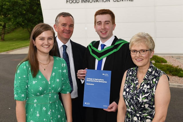 Oisin O’Harte (Portstewart) graduated from CAFRE Loughry Campus with a BSc (Hons) Degree in Food Design and Nutrition. Oisin’s dad Finbarr, mum Attracta and sister Cariosa joined him to celebrate graduating with a First Class Honours Degree.