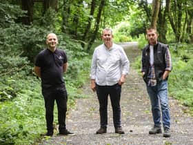 Environment Minister Edwin Poots pictured with Paul Armstrong and Dave Scott from the Woodland Trust at Mourne Park outside Kilkeel where the funding of £972k from the Environment Fund is helping restore ancient woodland.