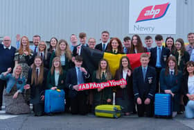 The 2022 ABP Angus Youth Challenge finalists departing for their 3-day international farm to fork study tour from ABP Newry with Liam McCarthy (far left) and Stuart Cromie (far right) of ABP.