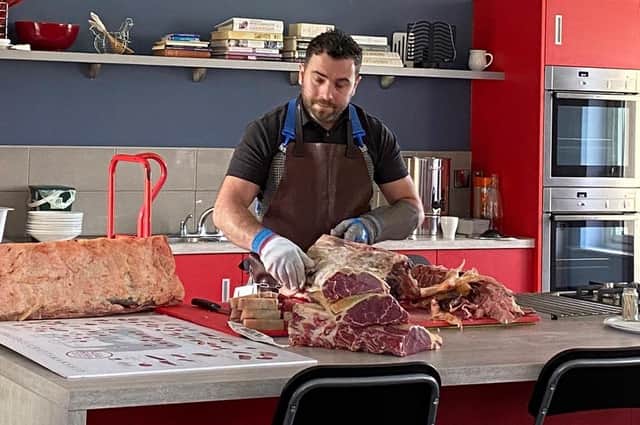 Duane Kille of Kettyle Irish Foods demonstrates the skills involved in butchery to the ABP Angus Youth Challenge finalists at Lismullin Cookery School, Navan