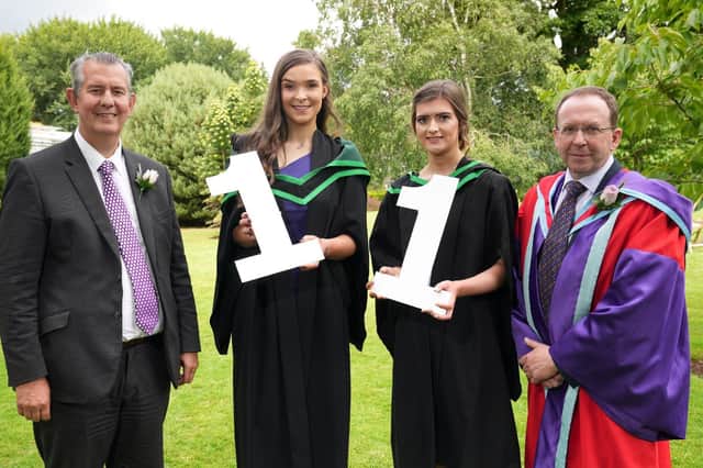 Dearbhle McLaughlin (Dunloy) and Nicola Mitchell (Banbridge) were awarded First Class Honours Degrees in Sustainable Agriculture at the CAFRE Agriculture Graduation Ceremony, Greenmount Campus. Congratulating the graduates were DAERA Minister Poots MLA and Dr Mark Carson (Senior Lecturer, CAFRE).