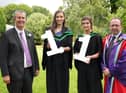 Dearbhle McLaughlin (Dunloy) and Nicola Mitchell (Banbridge) were awarded First Class Honours Degrees in Sustainable Agriculture at the CAFRE Agriculture Graduation Ceremony, Greenmount Campus. Congratulating the graduates were DAERA Minister Poots MLA and Dr Mark Carson (Senior Lecturer, CAFRE).