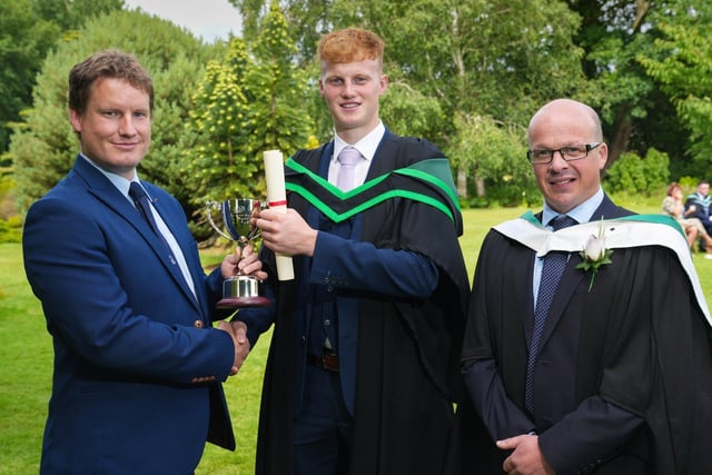 Luke Norris (Coleraine) was presented with the Texel Sheep Society Cup awarded to the top Sheep Production project during his studies on the BSc (Hons) Degree in Sustainable Agriculture. Luke was congratulated by Fraser Tweed (Chairman of the Texel Sheep Society) and Manus McHenry (Head of Agriculture Education, CAFRE) at the Greenmount Campus Graduation Ceremony.