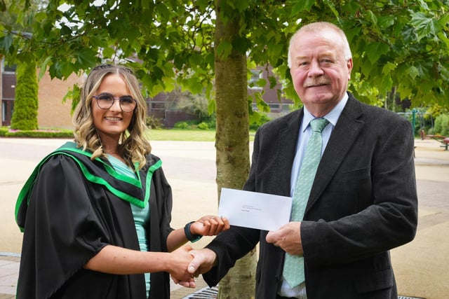Sarah Meeke (Dromara) was presented with the Ai Services Award for performance in animal breeding by Brian Kennedy (Company Veterinarian, Ai Services) at the CAFRE Greenmount Campus Graduation ceremony. Sarah graduated from CAFRE with a Foundation Degree in Agriculture and Technology.
