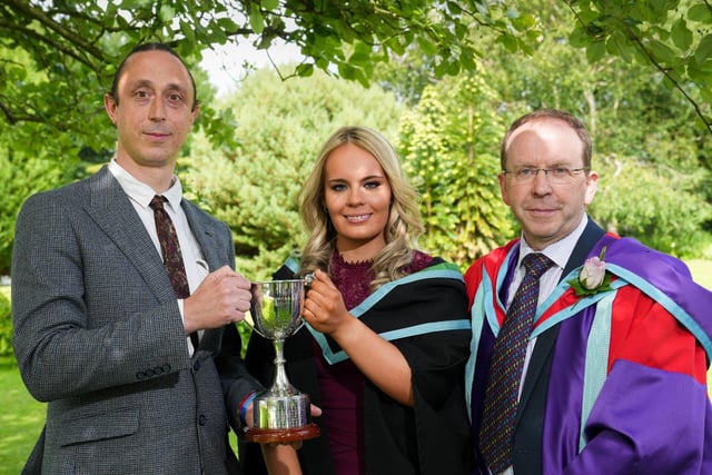 Bronagh Dempster (Newtownards) was presented with the Lynne Dawson Memorial Cup awarded to the top student in Livestock Production by Professor Paul Williams (Senior Lecturer, Queen’s University Belfast) and Dr Mark Carson (Senior Lecturer, CAFRE). Bronagh received her award at the Graduation Ceremony at Greenmount Campus.