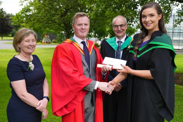 Dearbhle McLaughlin (Dunloy) was presented with the Department of Agriculture, Environment and Rural Affairs Prize awarded to the top student on the BSc (Hons) Degree in Sustainable Agriculture course. Congratulating Dearbhle on her outstanding achievements are Katrina Godfrey (Permanent Secretary, DAERA), Professor David Hassan (Associate Dean, Ulster University) and Martin McKendry (Director, CAFRE) at the Greenmount Campus Graduation Ceremony.