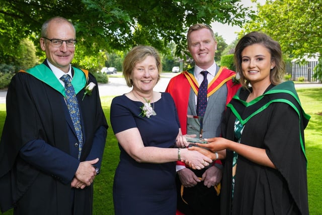 Chloe Alexander (Richhill) was presented with the Department of Agriculture, Environment and Rural Affairs Prize awarded to the top student on the Foundation Degree in Agriculture and Technology by Katrina Godfrey (Permanent Secretary, DAERA), Professor Hassan (Associate Dean, Ulster University) and Martin McKendry (Director, CAFRE) at the Greenmount Campus Graduation Ceremony.