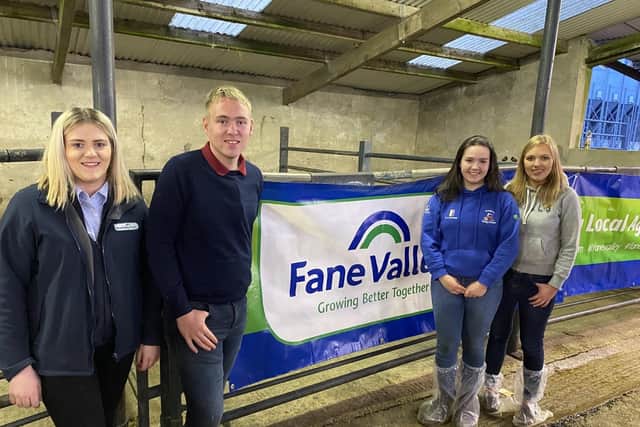 Dungiven YFC members with arepresentative from Fane Valley, Laura Fulton, at the recent stock judging at Swatragh Livestock Market