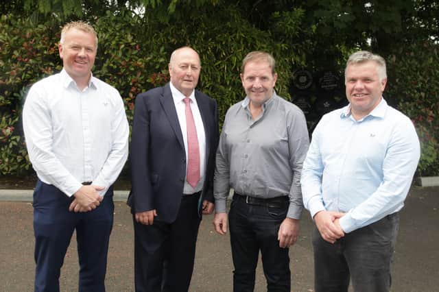 Alex Walker, right, chairman, Holstein NI, pictured with 2022 herds inspection competition judges, from left: Wyn Jones, Carmarthenshire, premier section; Jim McCann, Bangor, junior section; and Paul Flanagan, County Louth, senior section. Picture: McAuley Multimedia