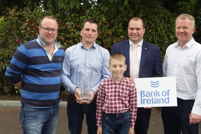 Premier section small herd winners James and Thomas Cleland, Inch, Downpatrick, first; and Paul Dunn, Dunbanard, Bangor, third, with Welsh judge Wyn Jones; and sponsor Richard Primrose, Bank of Ireland. Missing from the picture is Brian Graham, Moorcastle. Picture: McAuley Multimedia