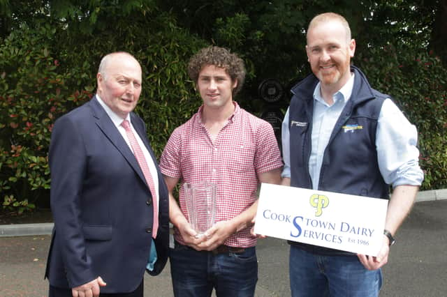 Ryan Oâ€TMFlynn, Graffin,  was the winner of the best small herd, and best junior cow, in the junior section of Holstein NIâ€TMs herds inspection competition. Included are judge Jim McCann, Bangor; and Paul Thompson, Cookstown Dairy Services, sponsor. Picture: McAuley Multimedia