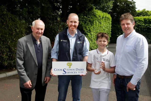 Junior section large herd winners, Robin and Jack Orr, Ballyportery, first; and Denis Foreman, Knockbracken, second, They were congratulated by spnosor Paul Thompson, Cookstown Dairy Services.  Picture: McAuley Multimedia