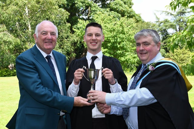 Callam McGrory (Laghey, Co. Donegal) received the British and International Golf Greenkeepers Association (Northern Ireland) Cup for the best Level 2 Work-based Diploma/Apprenticeship in Horticulture student at the Greenmount Graduation Ceremony. Congratulating Callam are Brian Hutchison (Golf Ireland) and Paul Campbell (Senior Lecturer, CAFRE).