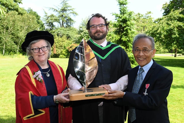 Jamie Gault (Randalstown) received the Raja Harun Perpetual Trophy awarded for the highest achievement in Science and Technology at the Horticulture Graduation Ceremony. Jamie received the award from Raja Harun MBE and Professor Curran (Executive Dean, Ulster University)