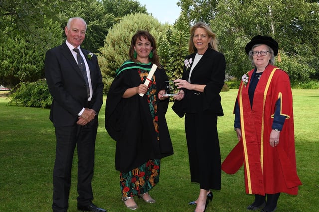 Sarah Johnston (Lisburn) was awarded the Department of Agriculture, Environment and Rural Affairs Prize for the top student on the part-time Foundation Degree in Horticulture programme at the CAFRE Graduation Ceremony. Sarah received her award from Fiona McCandless (Deputy Director, DAERA), Roy Lyttle, Guest Speaker (Vice Chairman of the Ulster Farmers’ Union Vegetable Committee, RL Produce) and Professor Curran (Executive Dean, Ulster University)