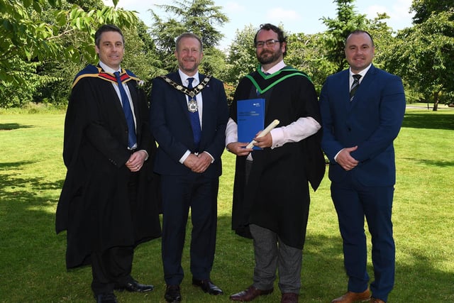Jamie Gault (Randalstown) was congratulated on being the top Horticulture Foundation Degree student at the Greenmount Campus Graduation Ceremony. Recognising his achievements were David Dowd (Senior Lecturer, CAFRE), Alderman Stephen Ross (Major of Antrim and Newtownabbey Council) and Paul Mawhinney (Head of Parks, Antrim and Newtownabbey Council).