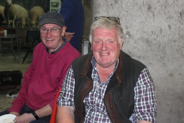 Norman McMordie and Brian McAllister enjoying a catch up at the Charollais Sheep Open Night hosted by David and Liz Mawhinney and the McBratney Family.