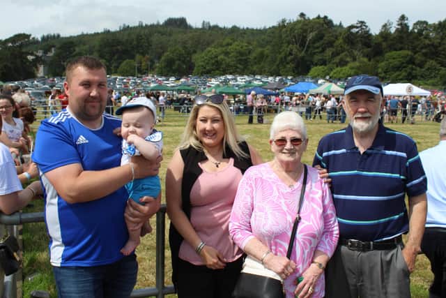 Enjoying their day out at Castlewellan Show 2022:l to r: Dean
Kirk, Ballynahinch; 6 month-old Kobie Kirk; Nicole Oliver, Ballynahinch;
William Scott, Glenavy and Ethel Scott, Glenavy