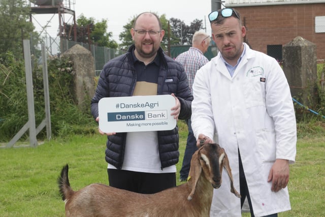 Anthony McGuiness with his champion goat, and Paul Clingan from Danske Bank, pictured at Limavady Show on Saturday. Picture: Kevin McAuley/McAuley Multimedia