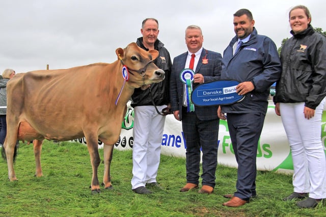 The Jesery champion and interbreed dairy champion at the Randox Antrim Show was Potterswalls Joel Glamour exhibited by Ashley and Ailsa Fleming, Seaforde. Included are judge Glyn Lucas, and Denis Hunter, Danske Bank. Picture: Julie Hazelton/McAuley Multimedia