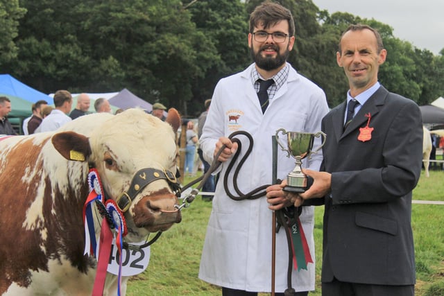 Irish Moiled champion at the Randox Antrim Show was Woodbine Casper, a senior bull owned by Brian O'Kane, Ballymena. Adding his congratulations is judge Trevor Chadwick from Galway. Picture: Julie Hazelton