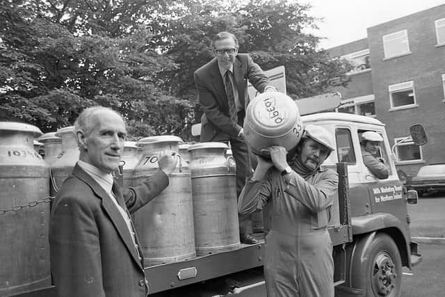 The Milk Marketing Board, at the end of June 1982, cut its last links with an era. The familiar sight and sound of the milk lorry, with cans rattling finally disappeared, as the last in the fleet used for collections from farmers was handed over to the Ulster Folk and Transport Museum. The lorry, first registered in 1965, had been used in the Enniskillen area, the milk being delivered to the West Ulster Farmers’ Co-Operative at Irvinestown. Mr Terry McLaughlin, left, farm services manager of the Milk Marketing Board for Northern Ireland, handing over to Mr George Thompson, director of the Ulster Folk and Transport Museum, the last of the board’s milk collection lorries, assisted by drivers Andy Moore and David Stephenson. Picture: News Letter archives