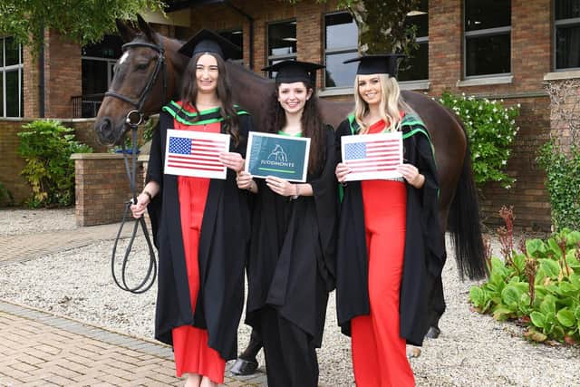 Michelle Dunne (Dublin), Manon Varenne (France) and Shauna McElroy (Carlingford) on their CAFRE graduation day, excited about taking up their internship with Juddmonte USA in August