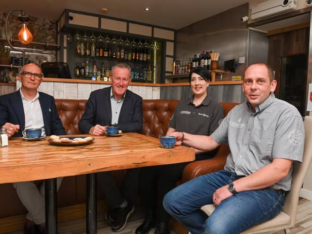 Jacqueline and James Higginson from Captain Jacks with Finance Minister Conor Murphy and Hospitality Ulster Chief Executive Colin Neill during a visit to Portaferry