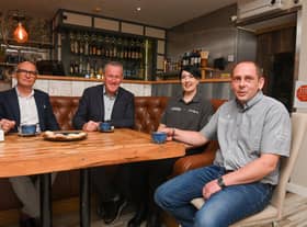 Jacqueline and James Higginson from Captain Jacks with Finance Minister Conor Murphy and Hospitality Ulster Chief Executive Colin Neill during a visit to Portaferry
