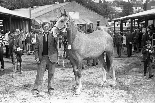 Mr Gerald Brown, Fintona, Co Tyrone, with his prize winning filly at the Enniskillen (Fermanagh) Show in August 1982. Picture: Farming Life/News Letter archives