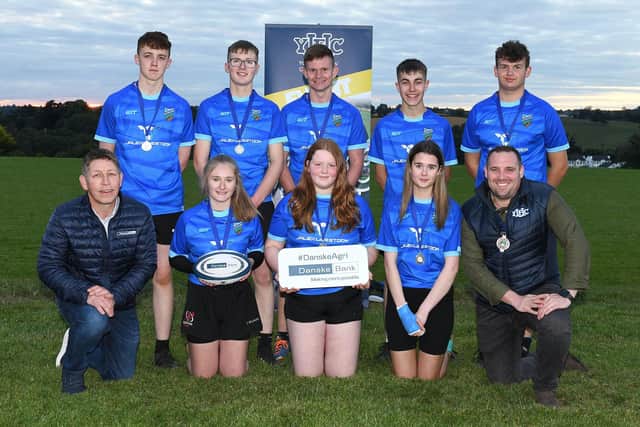 Members of Randalstown YFC with their medals provided by Danske Bank who placed second at the YFCU 2022 tag rugby tournament at Dromore Rugby Club, Co. Down. The team are pictured with Rodney Brown, head of agribusiness, Danske Bank (front left) and Peter Alexander, Young Farmers' Clubs of Ulster’s president (front right)
