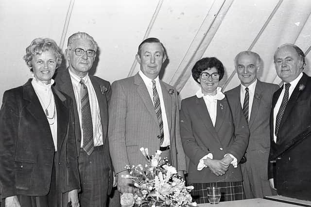 Greenmount Agricultural and Horticultural College prize day, June 1982: Mr Matt Boyd, college principal, and Mr Willam Fullerton, Ulster Farmers’ Union president, and their wives, with Dr James Young, head of the Department of Agriculture, and Mr Gerry Kennedy, Greenmount vice principal. Picture: Farming Life/News Letter archives