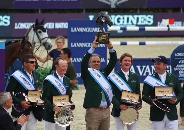 Reigning FEI Nations Cup champions Ireland pictured following victory in the 2020 FEI Nations Cup final in Barcelona (ESP)  in 2020.  (Left to right) Paul O’Shea, Peter Moloney, Rodrigo Pessoa, Darragh Kenny and Cian O’Connor. (Photo: Sonya Hennessy)