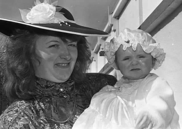 Mrs Francis Burton of Dungannon and her nine-month-old daughter Jacqueline at 40th anniversary celebrations at the King's Hall at the end of March 1991. Picture: News Letter archives