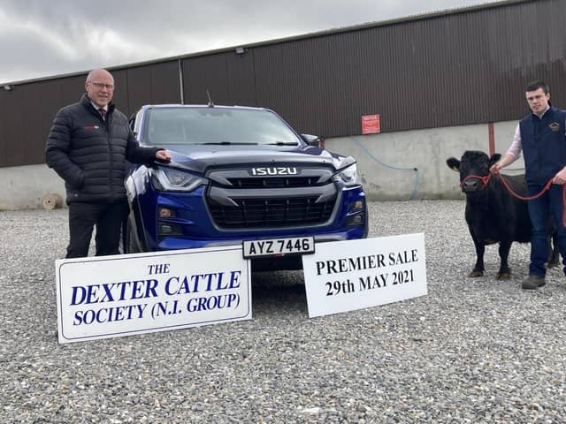 Peter Eakin of Eakin Bros discusses upcoming Premier Sale with Dexter Cattle NI Group Chair, Ryan Lavery.