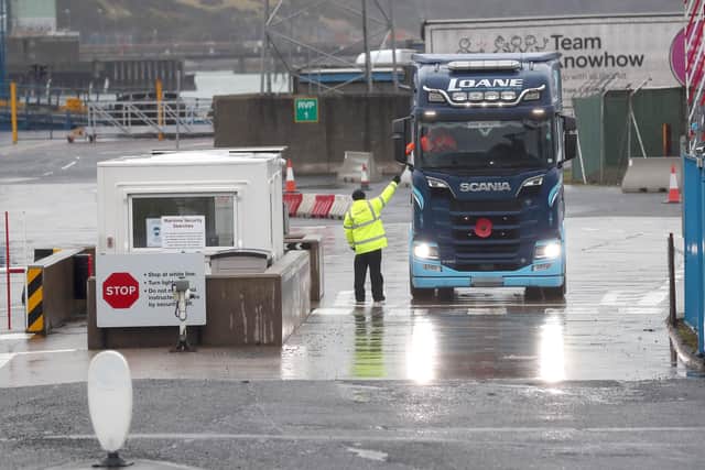 Trucks arrive at Larne port. File photo.