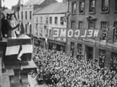 Princess Elizabeth greets crowds from the balcony of Enniskillen Town Hall in 1946. Picture: News Letter archives