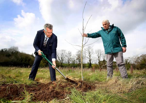 DAERA Minister Edwin Poots pictured with John-Joe O'Boyle Chief Executive NI Forest Service planting an oak tree at CAFRE's Loughry Campus to commemorate the life of HRH The Duke of Edinburgh Prince Philip.