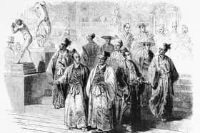 The members of the Japanese Embassy visiting the 1862 International Exhibition in London, from the Illustrated London News