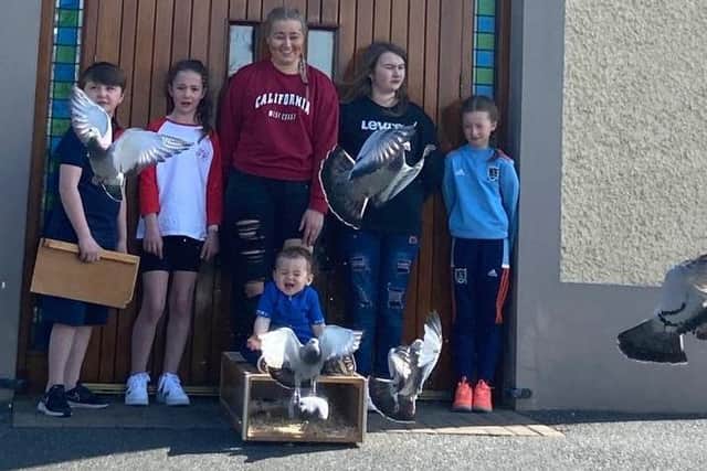 After observing the minutes silence in memory of Prince Philip, Duke of Edinburg. Nelson Weir (Loughgall) with some of his grandchildren, released 10 racing pigeons representing 10 decades of his life. For his and the Queens dedication to the sport of pigeon racing. Well done to all who took part.