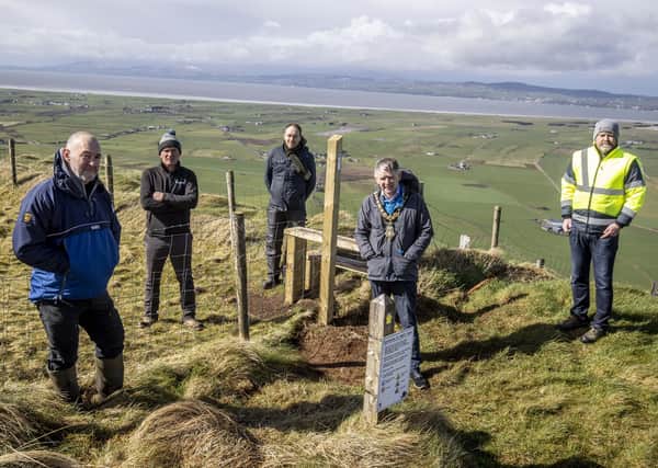The Mayor of Causeway Coast and Glens Borough Council Alderman Mark Fielding pictured at Gortmore Viewing Point with (left-right), Richard Gillen (Coast and Countryside Manager), Stephen Campbell (Campbell Civils), Mark Strong (Coast and Countryside Officer) and Gregg McClements (Capital Projects Officer).