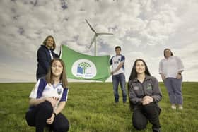 Randalstown Young Farmers’ Club members Elizabeth Adair, Rachel McNeilly and Jack Johnston celebrate their Eco-Club Green Flag Award with Charlene McKeown from Keep NI Beautiful and Orlagh McNeill, from Ulster Wildlife