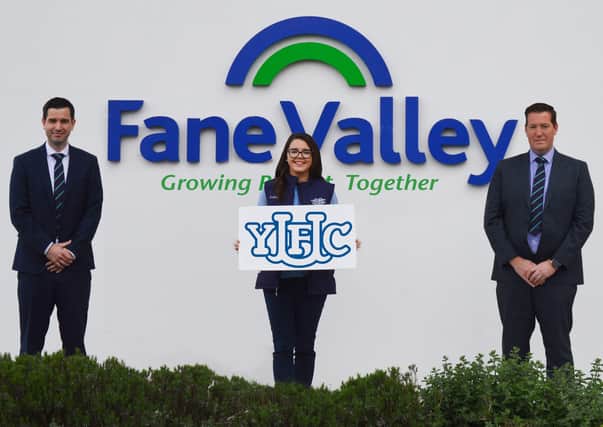 Pictured, left to right, Wayne Cunningham, sales director at Fane Valley Feeds, Hannah Kirkpatrick YFCU vice president and Thomas Barnett, retail manager at Fane Valley Stores