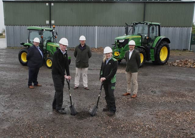Pictured at the site of John Deere and ProVQ’s new Apprentice Training Centre are (rear, left to right) Stuart Jones and James Haslam of ProVQ, Allan Cochran of John Deere and (front left & right) third year Turf Tech apprentice Sean Richardson of dealer Tuckwells at Ardleigh with John Deere work experience placement student Harriet Stephenson